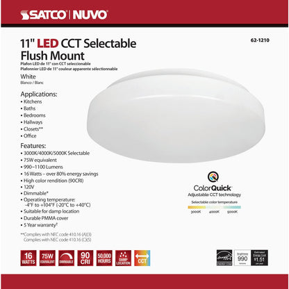 Satco Nuvo ColorQuick 11 In. White 1100-Lumen Color Temperature Selectable LED Flush Mount Light Fixture