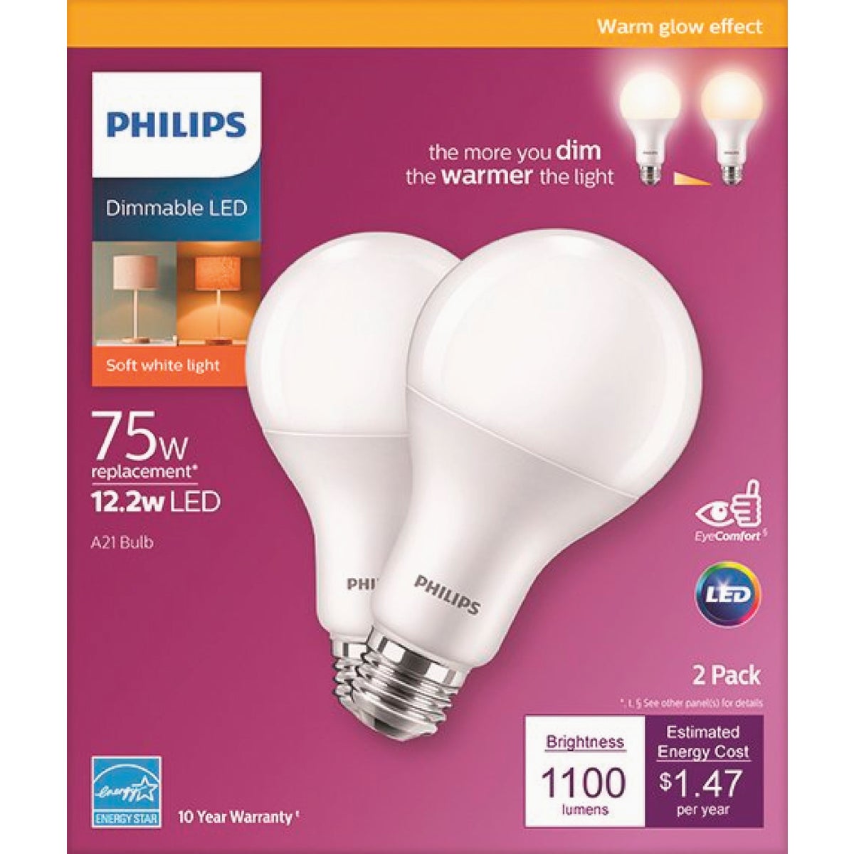 Philips Warm Glow 75W Equivalent Soft White A21 Medium Dimmable LED Light Bulb (2-Pack)