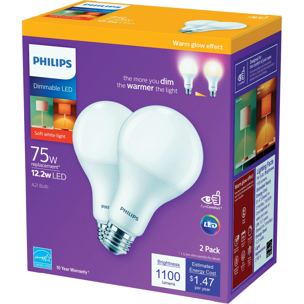 Philips Warm Glow 75W Equivalent Soft White A21 Medium Dimmable LED Light Bulb (2-Pack)