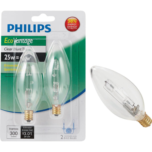 Philips EcoVantage 40W Equivalent Clear Candelabra Base B10.5 Halogen Blunt Tip Light Bulb (2-Pack)