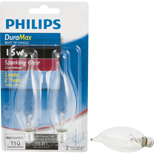 Philips DuraMax 15W Clear Candelabra Base BA9 Incandescent Bent Tip Light Bulb (2-Pack)