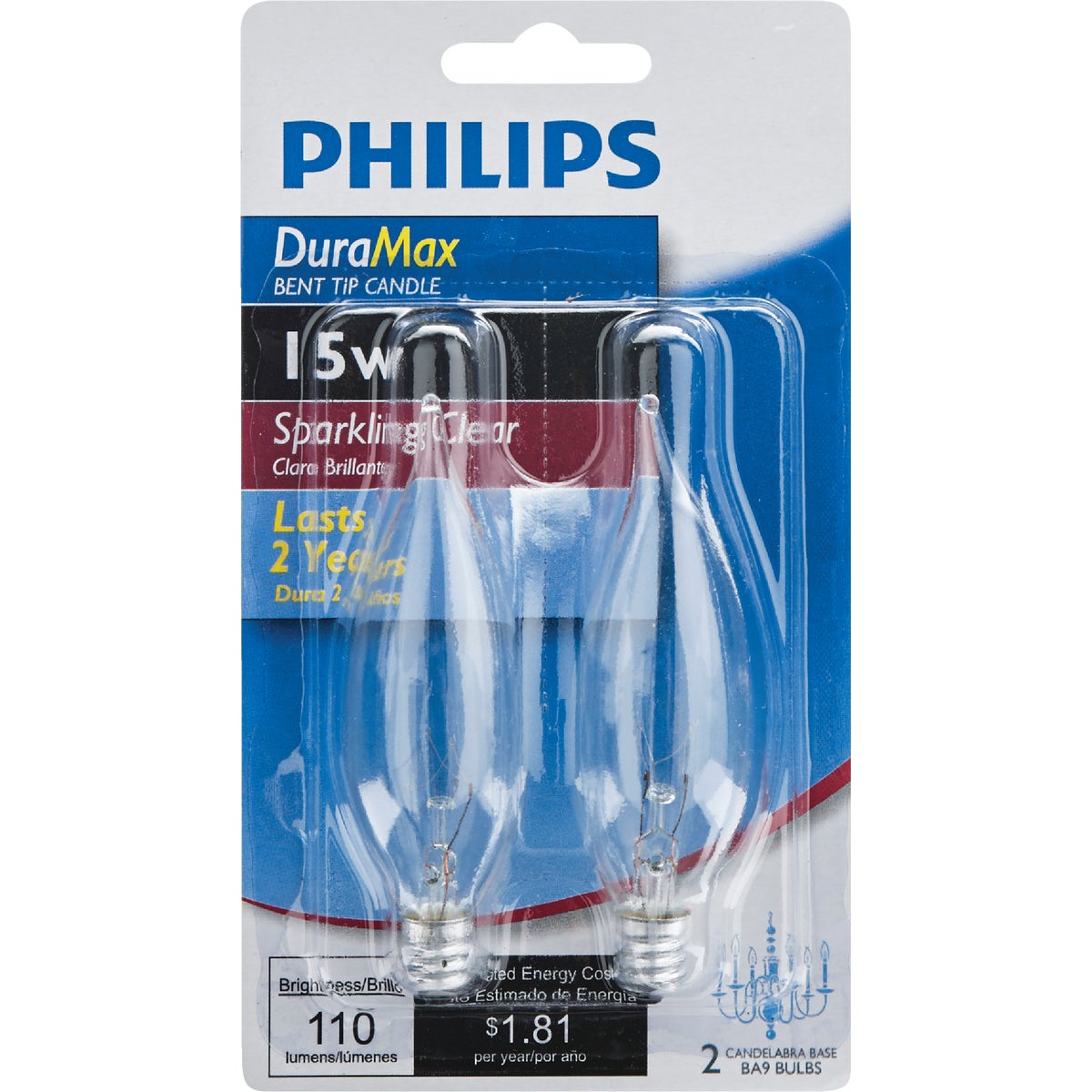 Philips DuraMax 15W Clear Candelabra Base BA9 Incandescent Bent Tip Light Bulb (2-Pack)