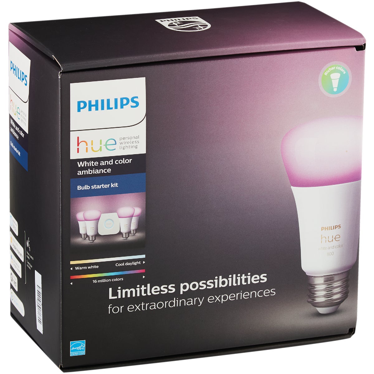 Philips Hue White & Color Ambiance 60W Equivalent Medium A19 Dimmable LED Light Bulb Bluetooth Starter Kit