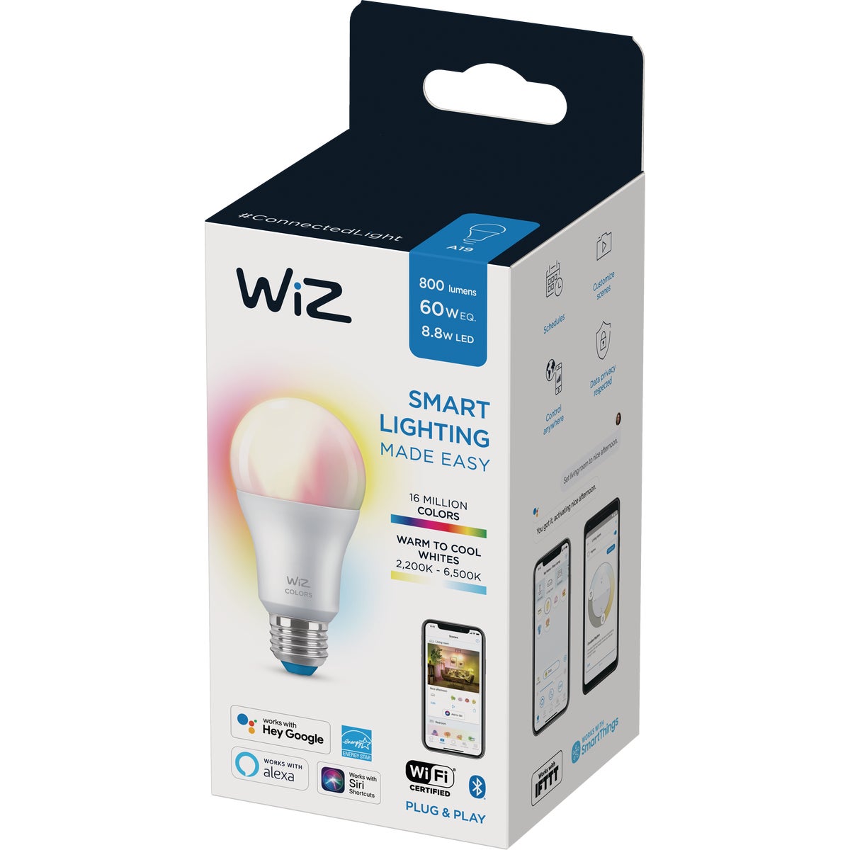 Wiz 60W Equivalent Color Changing A19 Medium Dimmable Smart LED Light Bulb