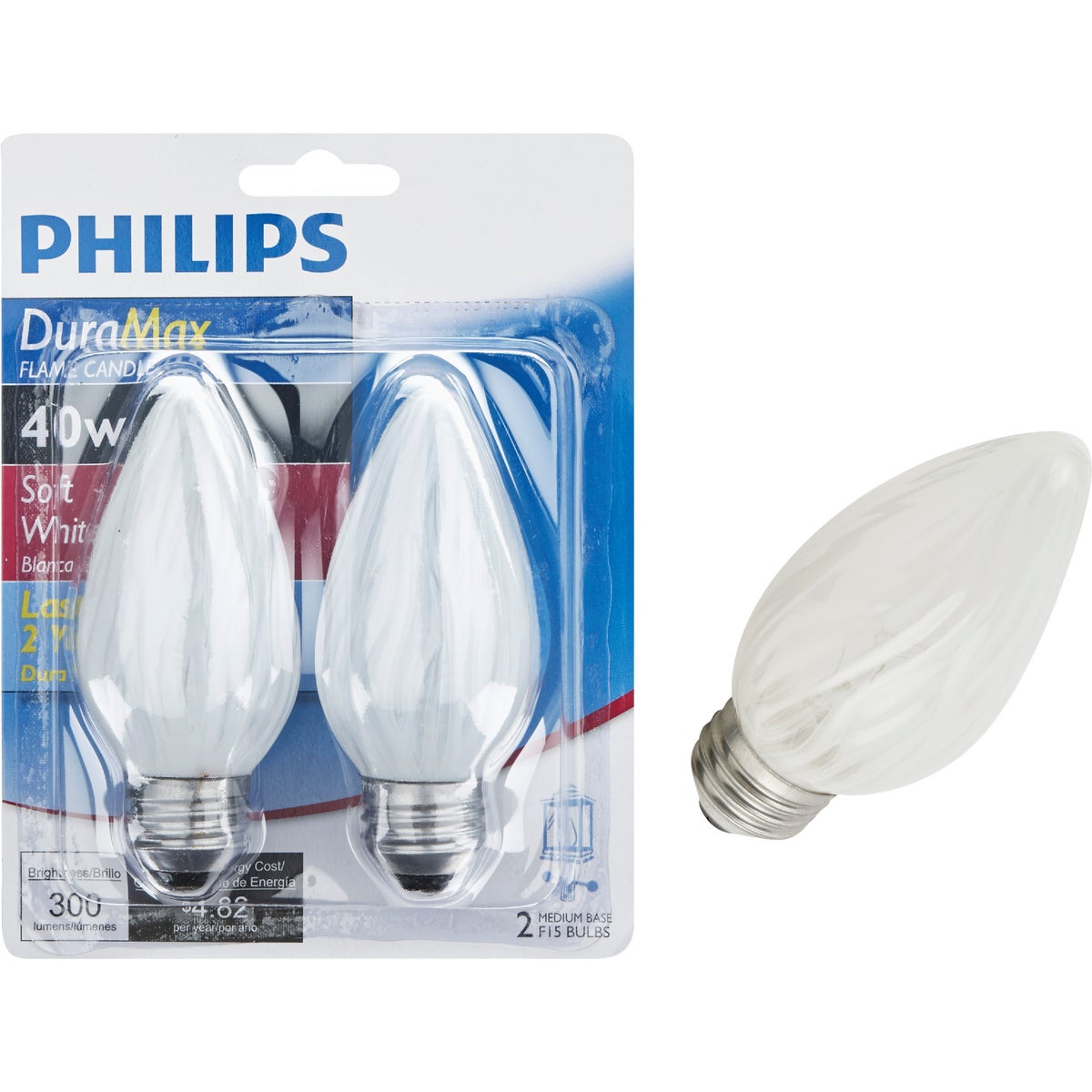 Philips DuraMax 40W Frosted Soft White Medium F15 Incandescent Flame Candle Light Bulb (2-Pack)