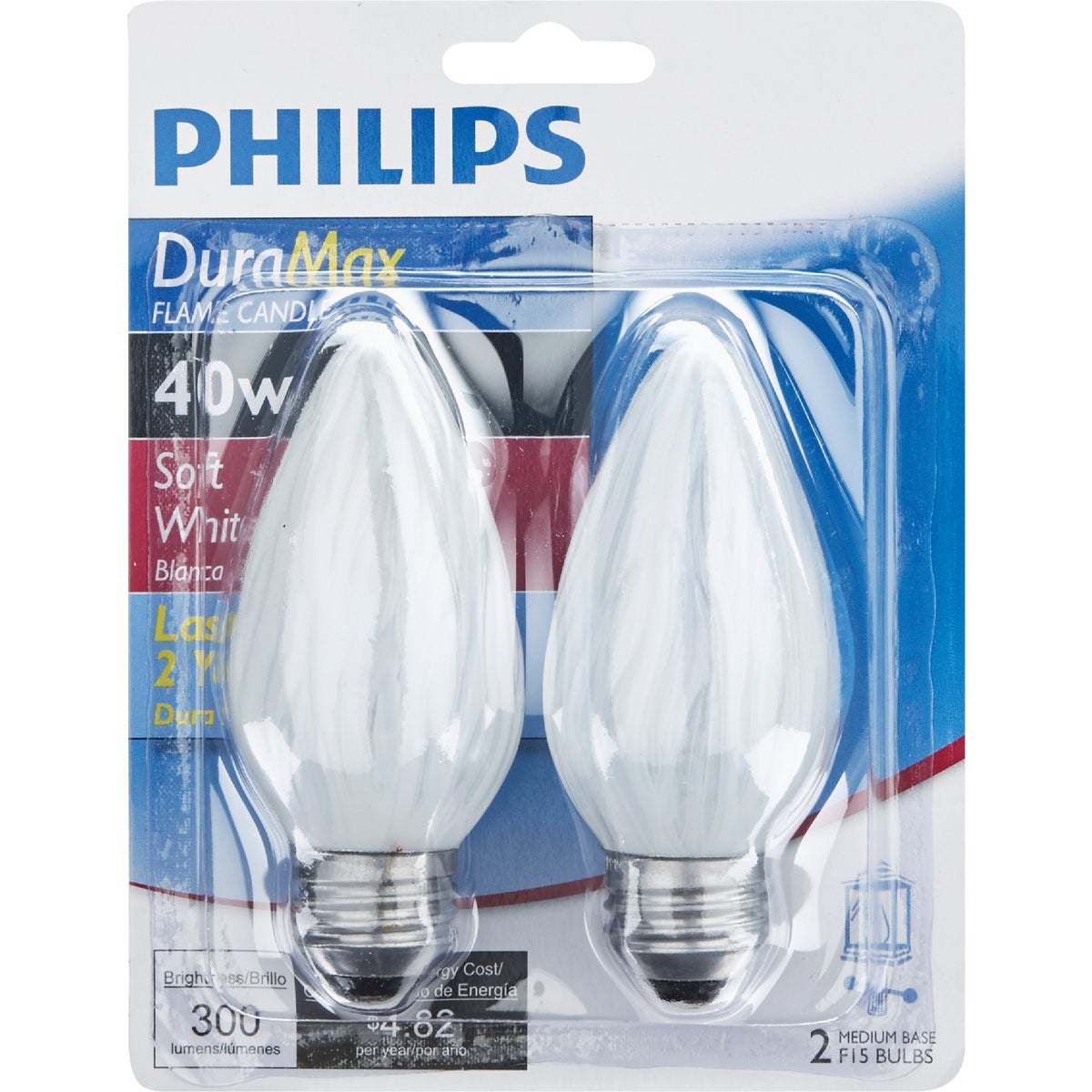 Philips DuraMax 40W Frosted Soft White Medium F15 Incandescent Flame Candle Light Bulb (2-Pack)