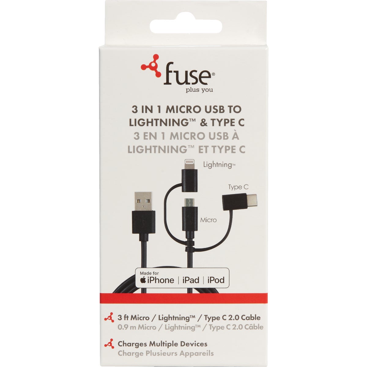 Fuse 3 Ft. Black 3-In-1 USB Charging & Sync Cable