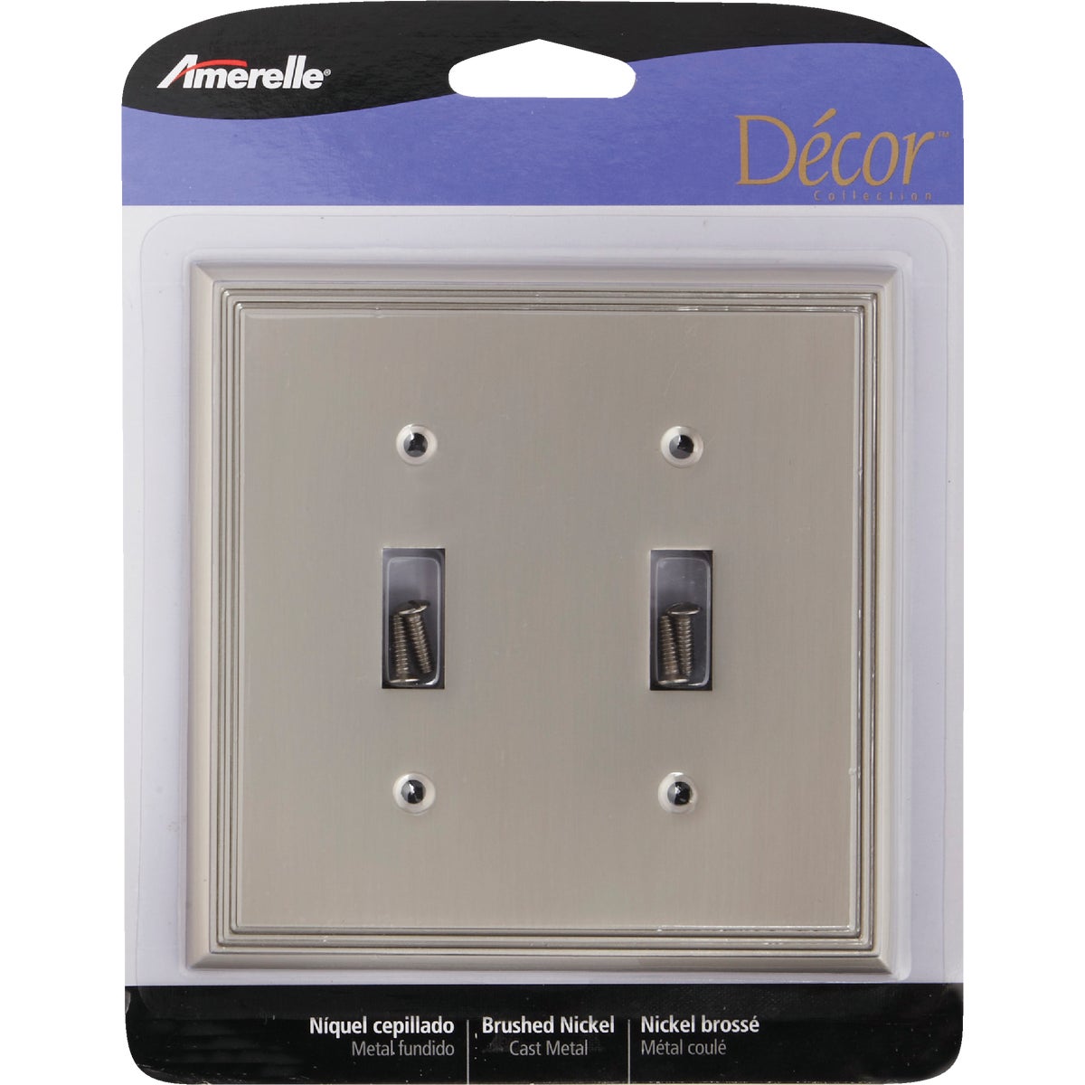 Amerelle Metro Line 2-Gang Cast Metal Toggle Switch Wall Plate, Brushed Nickel