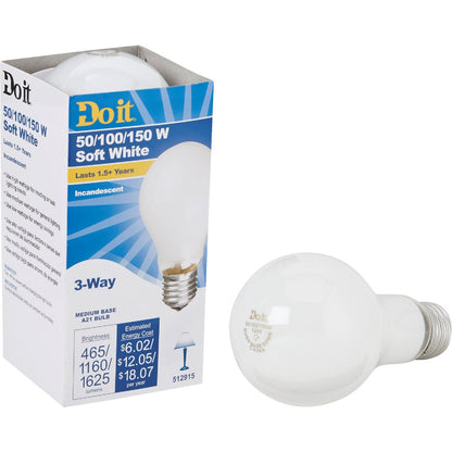 Do it 50/100/150W Frosted Soft White Medium Base A21 Incandescent 3-Way Light Bulb