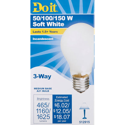 Do it 50/100/150W Frosted Soft White Medium Base A21 Incandescent 3-Way Light Bulb