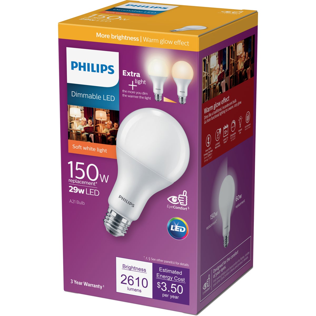 Philips Warm Glow 150W Equivalent Soft White A21 Medium Dimmable LED Light Bulb