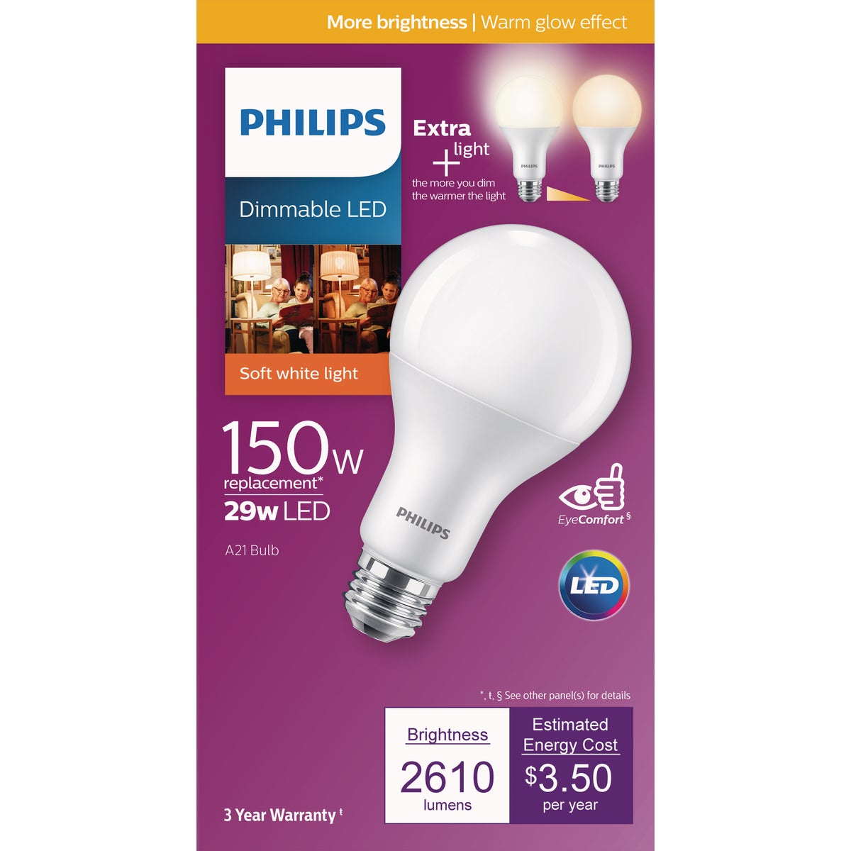 Philips Warm Glow 150W Equivalent Soft White A21 Medium Dimmable LED Light Bulb