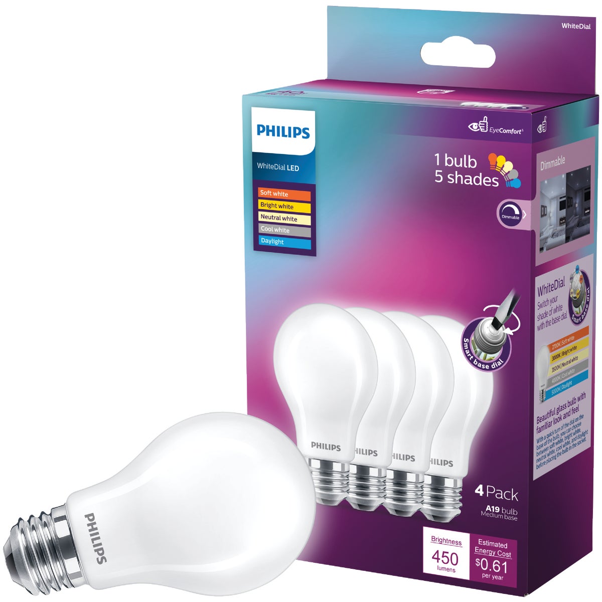 Philips WhiteDial 40W Equivalent Multi CCT A19 Medium LED Light Bulb (4-Pack)