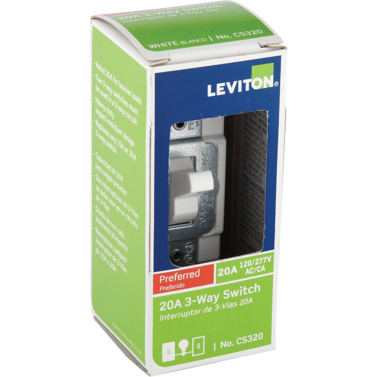 Leviton Toggle White 20A Grounding Quiet 3-Way Switch