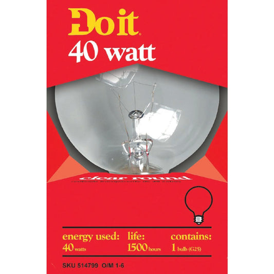 Do it 40W Clear Medium Base G25 Incandescent Globe Light Bulb