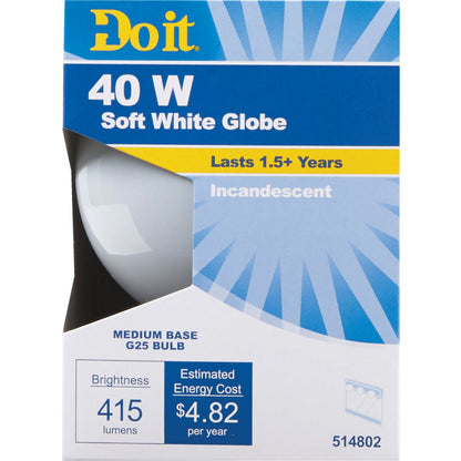 Do it 40W Frosted Soft White Medium Base G25 Incandescent Globe Light Bulb