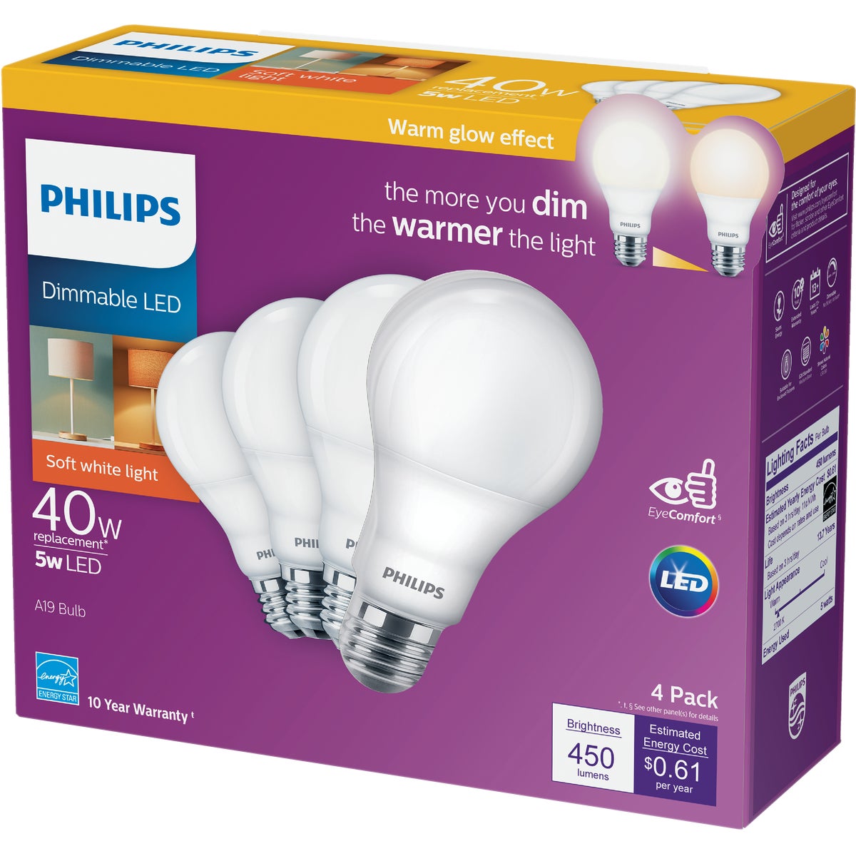 Philips Warm Glow 40W Equivalent Soft White A19 Medium Dimmable LED Light Bulb (4-Pack)