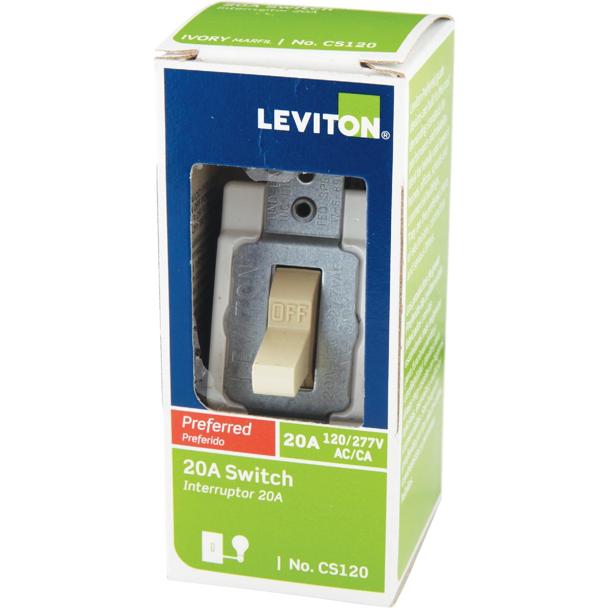 Leviton Commercial Grade 20 Amp Toggle Single Pole Switch, Ivory