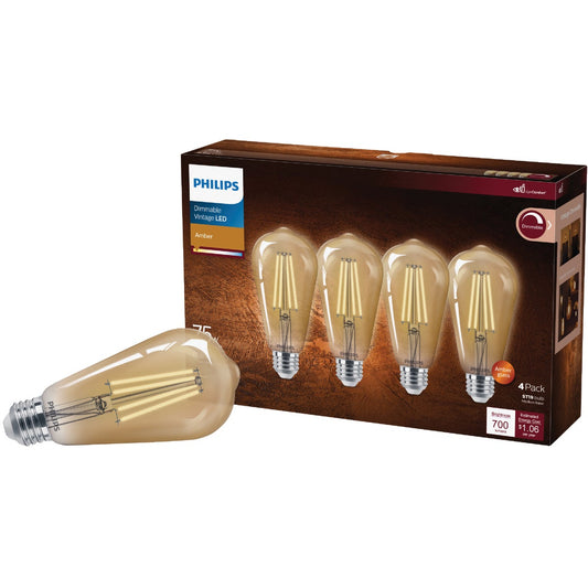 Philips Vintage 75W Equivalent Amber ST19 Medium LED Decorative Light Bulb (4-Pack)