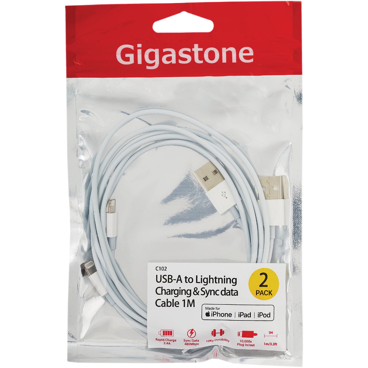 Gigastone 3 Ft. White USB-A to Lightning Charging & Sync Cable (2-Pack)