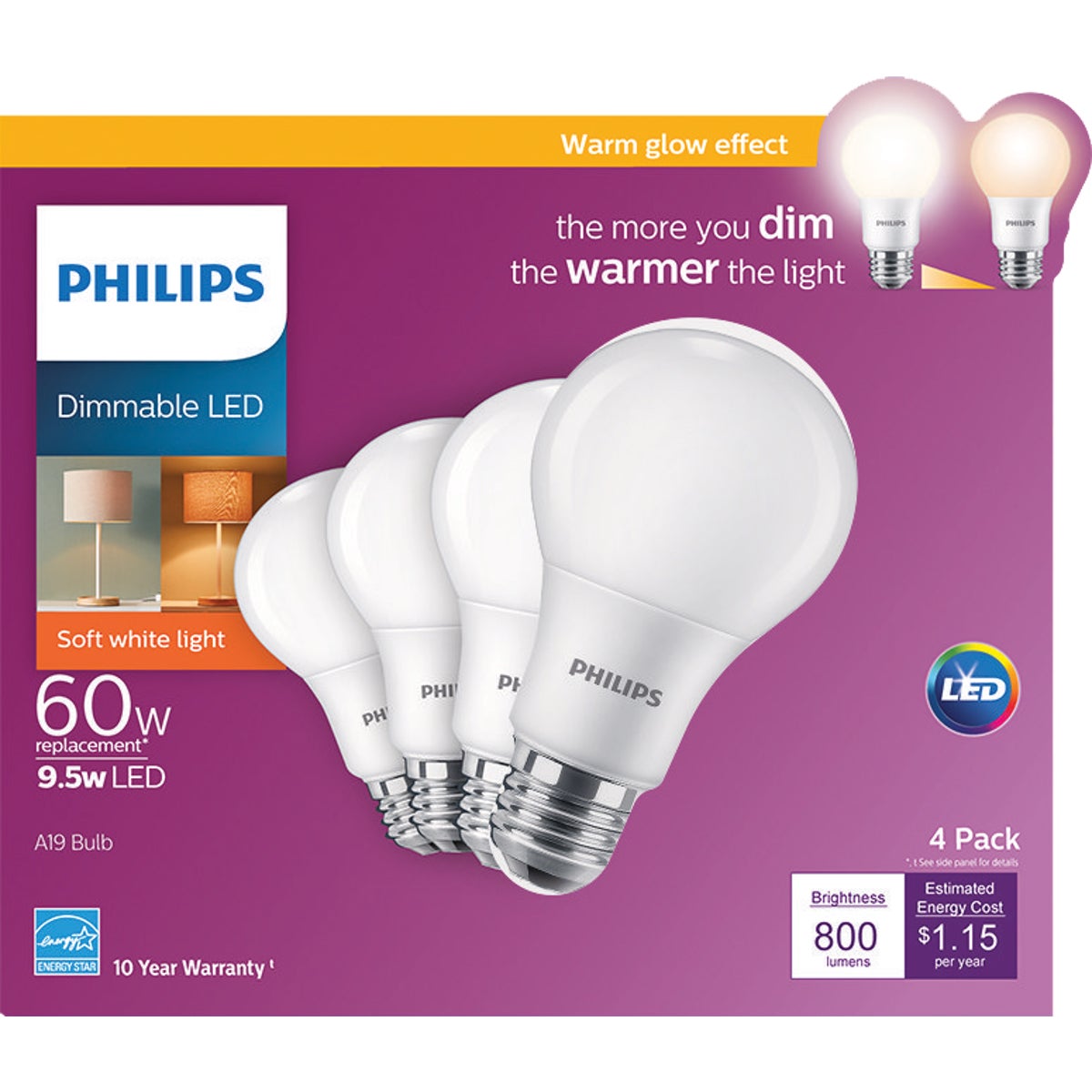 Philips Warm Glow 60W Equivalent Soft White A19 Medium Dimmable LED Light Bulb (4-Pack)