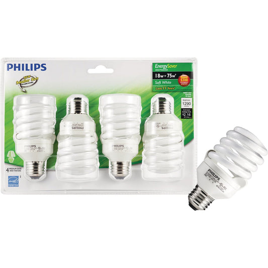 Philips Energy Saver 75W Equivalent Soft White Medium Base T2 Spiral CFL Light Bulb (4-Pack)