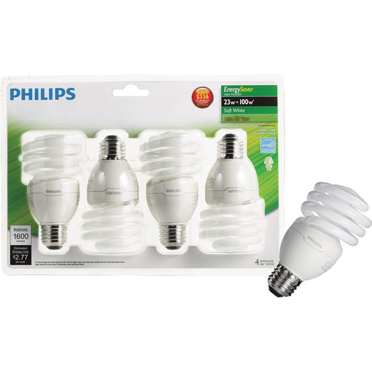 Philips Energy Saver 100W Equivalent Soft White Medium Base T2 Spiral CFL Light Bulb (4-Pack)