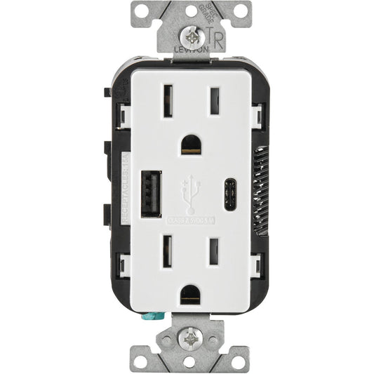 Leviton Decora 5.1A 5V White Type A/Type C USB Charging Outlet with 5-15R Tamper Resistant Duplex Outlet