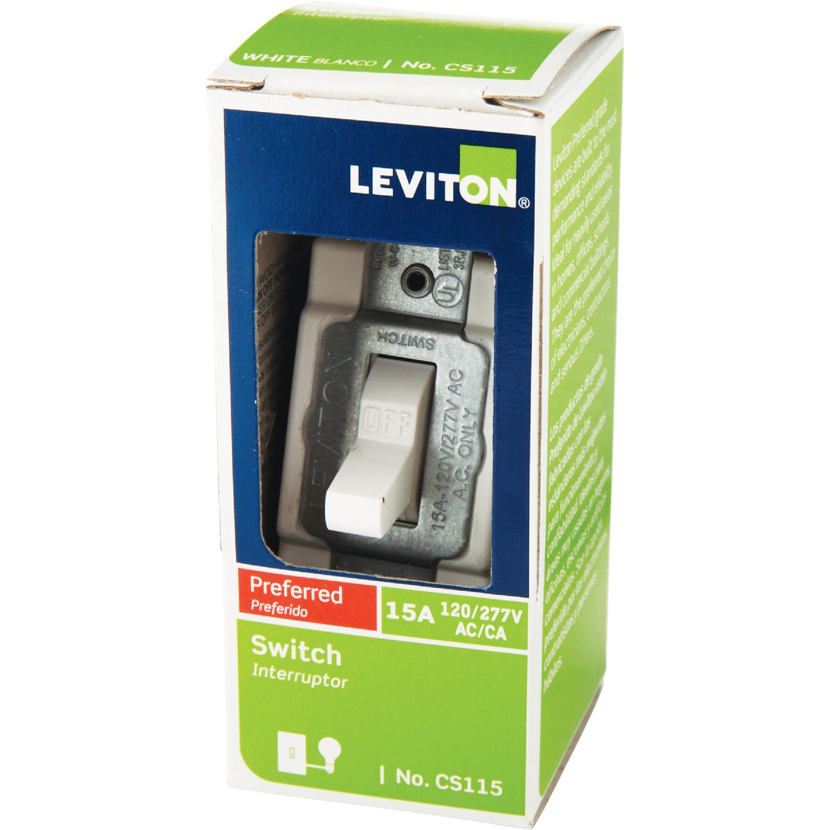 Leviton Commercial Grade 15 Amp Toggle Single Pole Switch, White