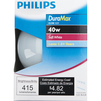 Philips DuraMax 40W Frosted Soft White Medium G25 Incandescent Globe Light Bulb