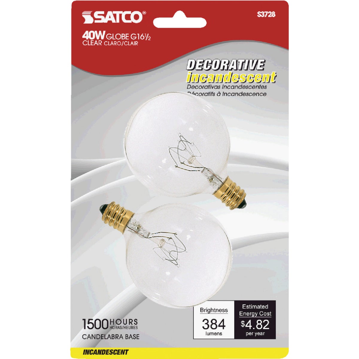 Satco 40W Clear Candelabra Base G16.5 Incandescent Globe Light Bulb (2-Pack)