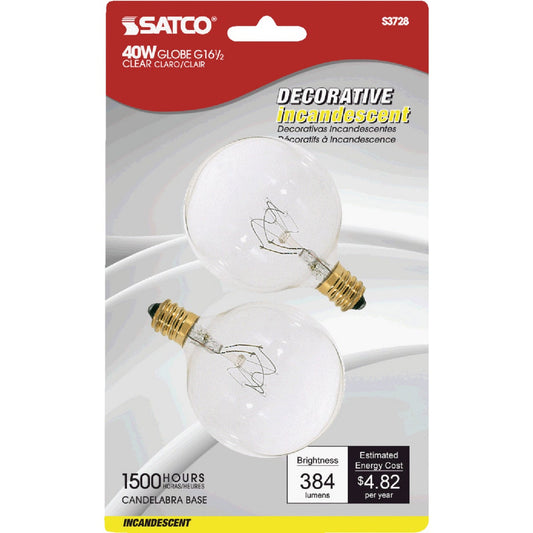 Satco 40W Clear Candelabra Base G16.5 Incandescent Globe Light Bulb (2-Pack)