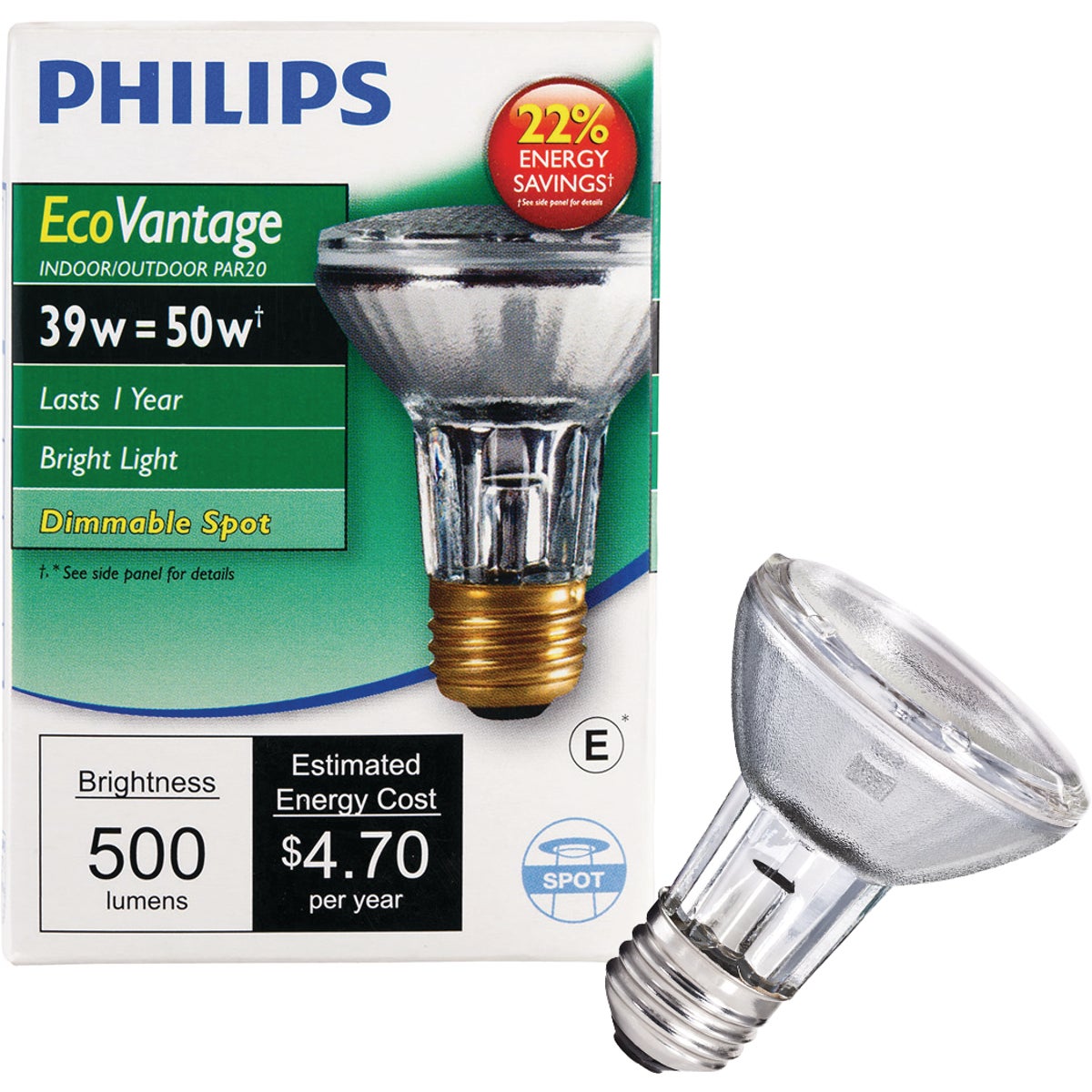 Philips EcoVantage 50W Equivalent Clear Medium Base PAR20 Halogen Spotlight Light Bulb