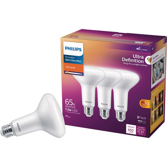 Philips Warm Glow Ultra Definition 65W Equivalent Soft White BR30 Medium Dimmable LED Floodlight Light Bulb (3-Pack)