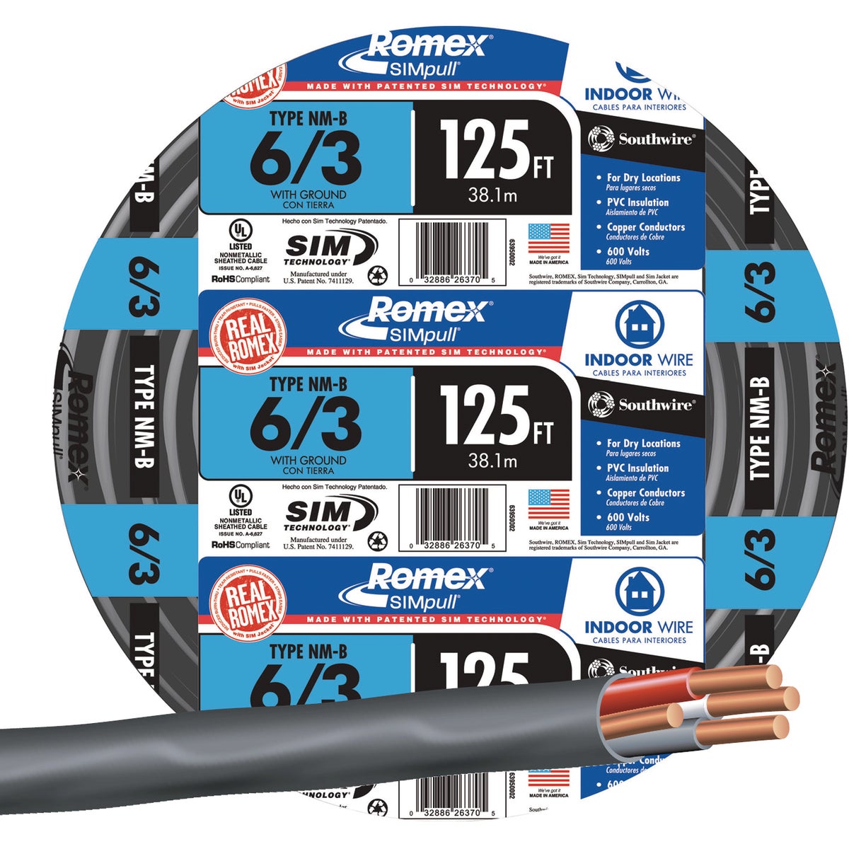 Romex 125 Ft. 6-3 Stranded Black NMW/G Electrical Wire