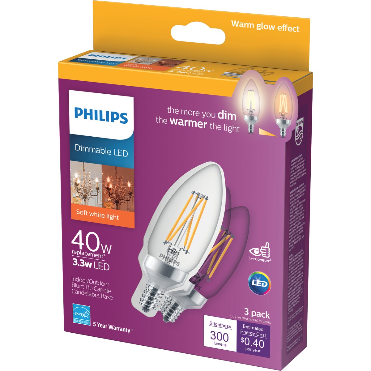 Philips Warm Glow 40W Equivalent Soft White B11 Candelabra Dimmable LED Decorative Light Bulb (3-Pack)