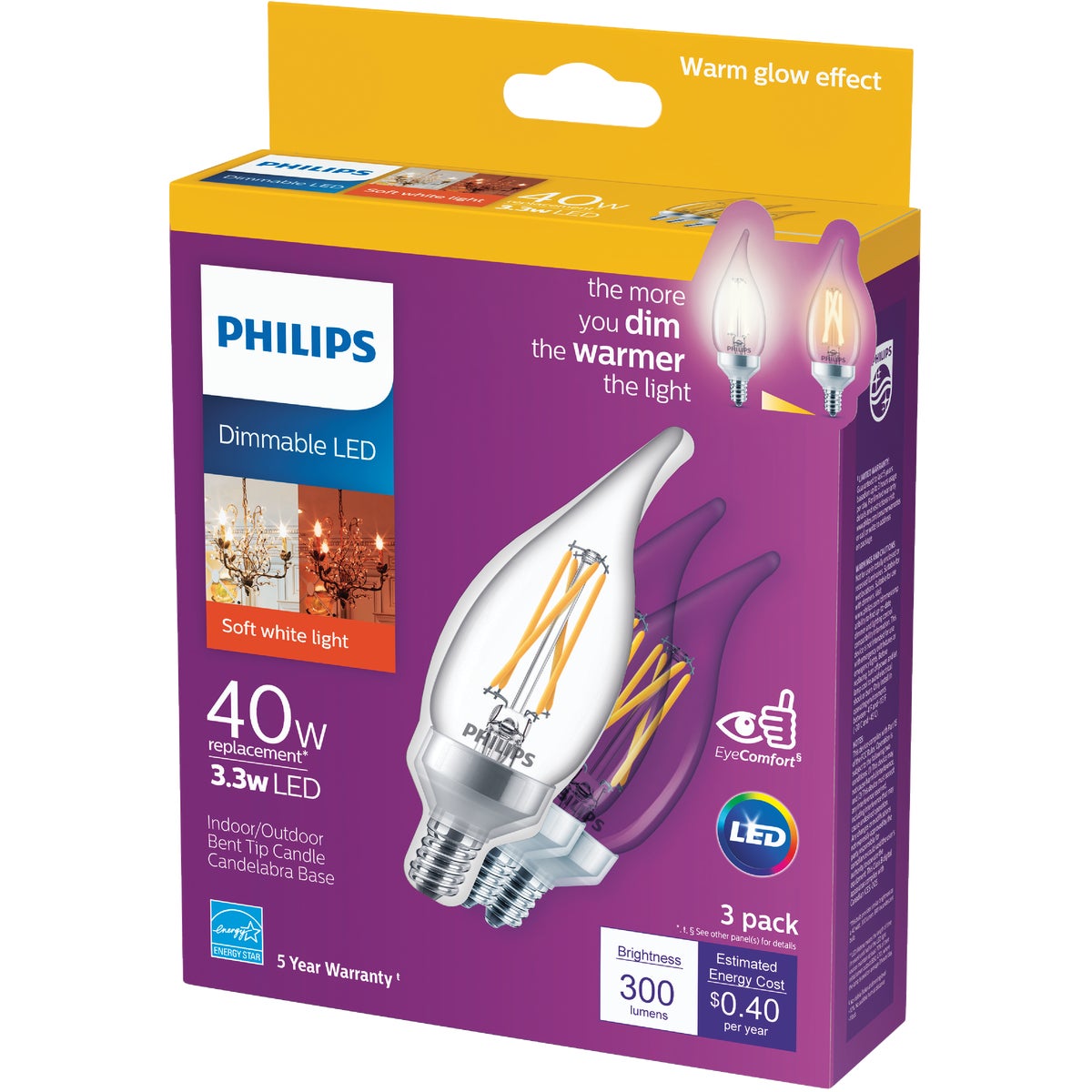 Philips Warm Glow 40W Equivalent Soft White BA11 Candelabra Decorative LED Light Bulb (3-Pack)