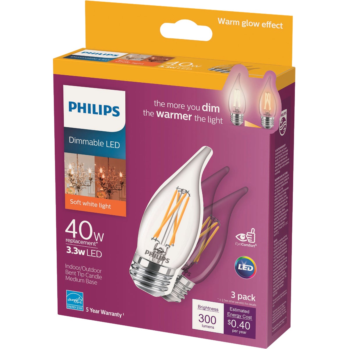 Philips Warm Glow 40W Equivalent Soft White BA11 Medium Decorative LED Light Bulb (3-Pack)