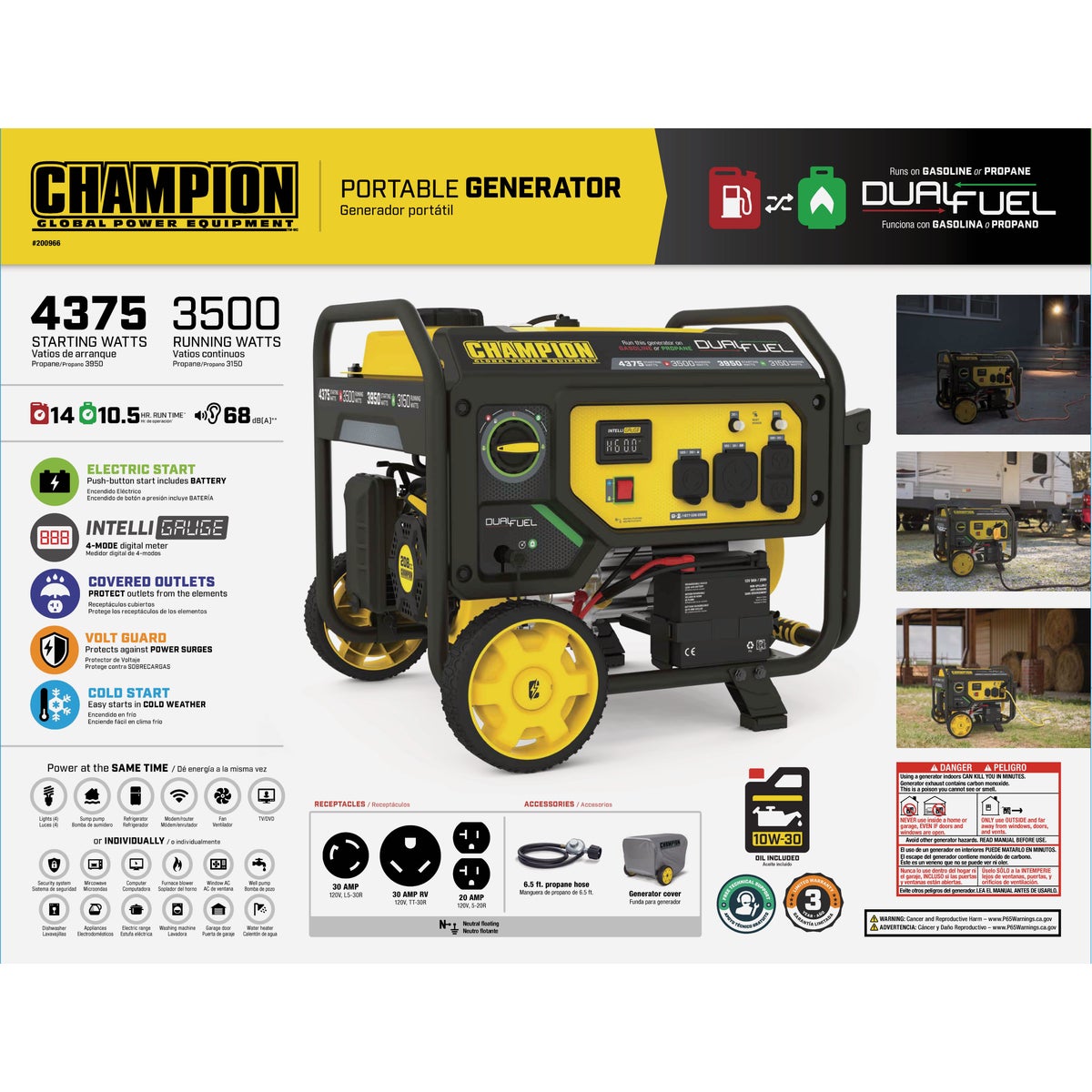 Champion 3500W Dual Fuel Electric/Recoil Start Portable Generator