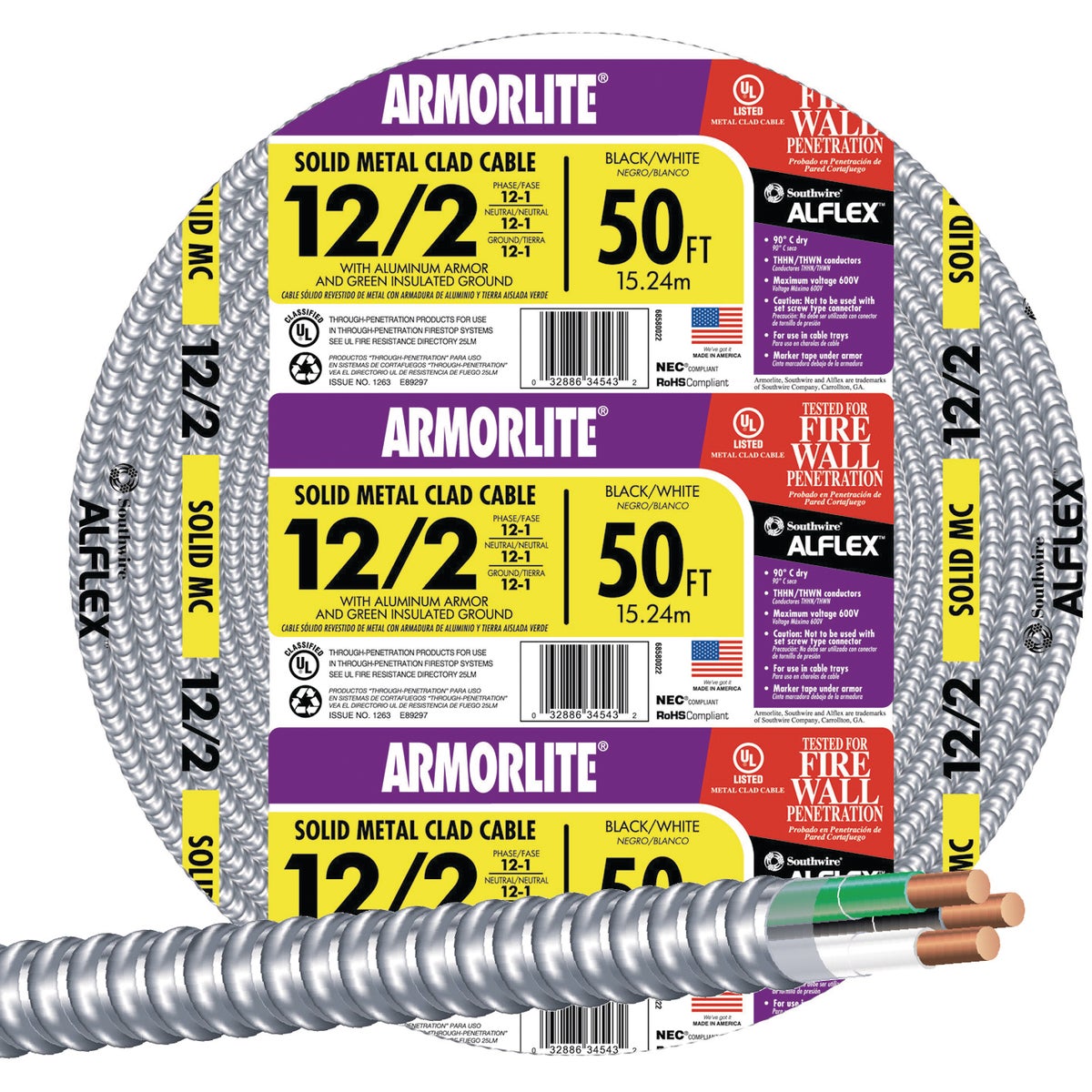 Southwire 50 Ft. 12/2 MC Armored Cable Electrical Wire