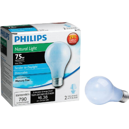 Philips 75W Equivalent Natural Light Medium Base A19 Halogen Light Bulb (2-Pack)