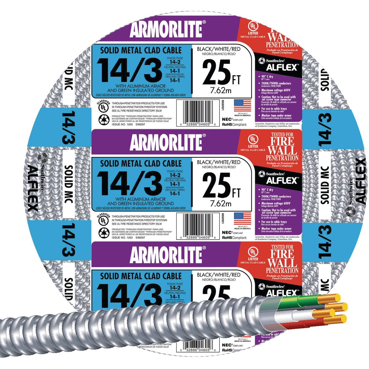 Southwire 25 Ft. 14/3 MC Armored Cable Electrical Wire