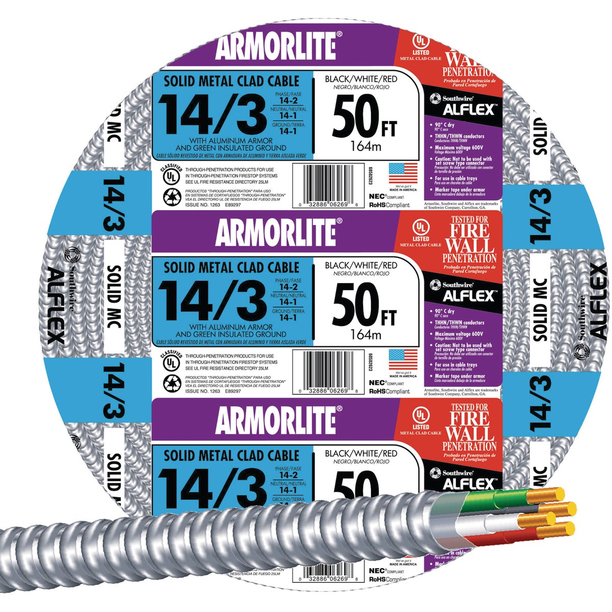 Southwire 50 Ft. 14/3 MC Armored Cable