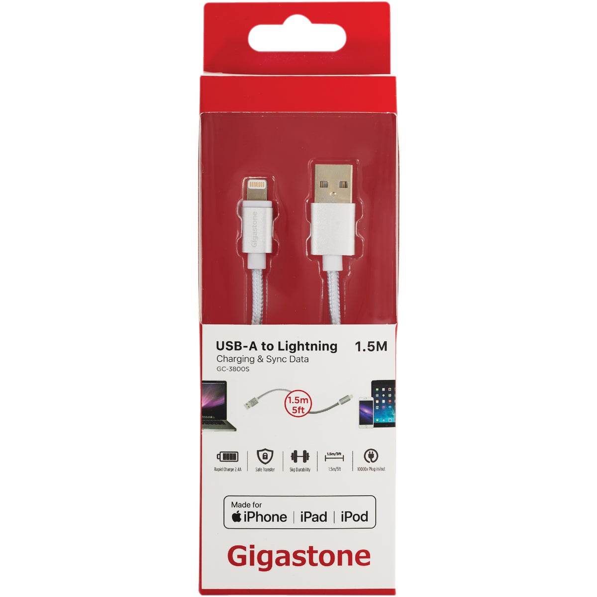 Gigastone 5 Ft. White USB to Lightning Charging & Sync Cable