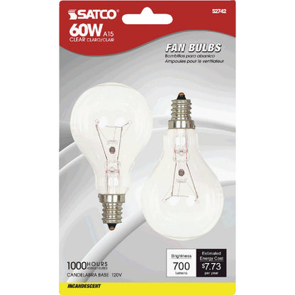 Satco 60W Clear Candelabra A15 Incandescent Ceiling Fan Light Bulb (2-Pack)