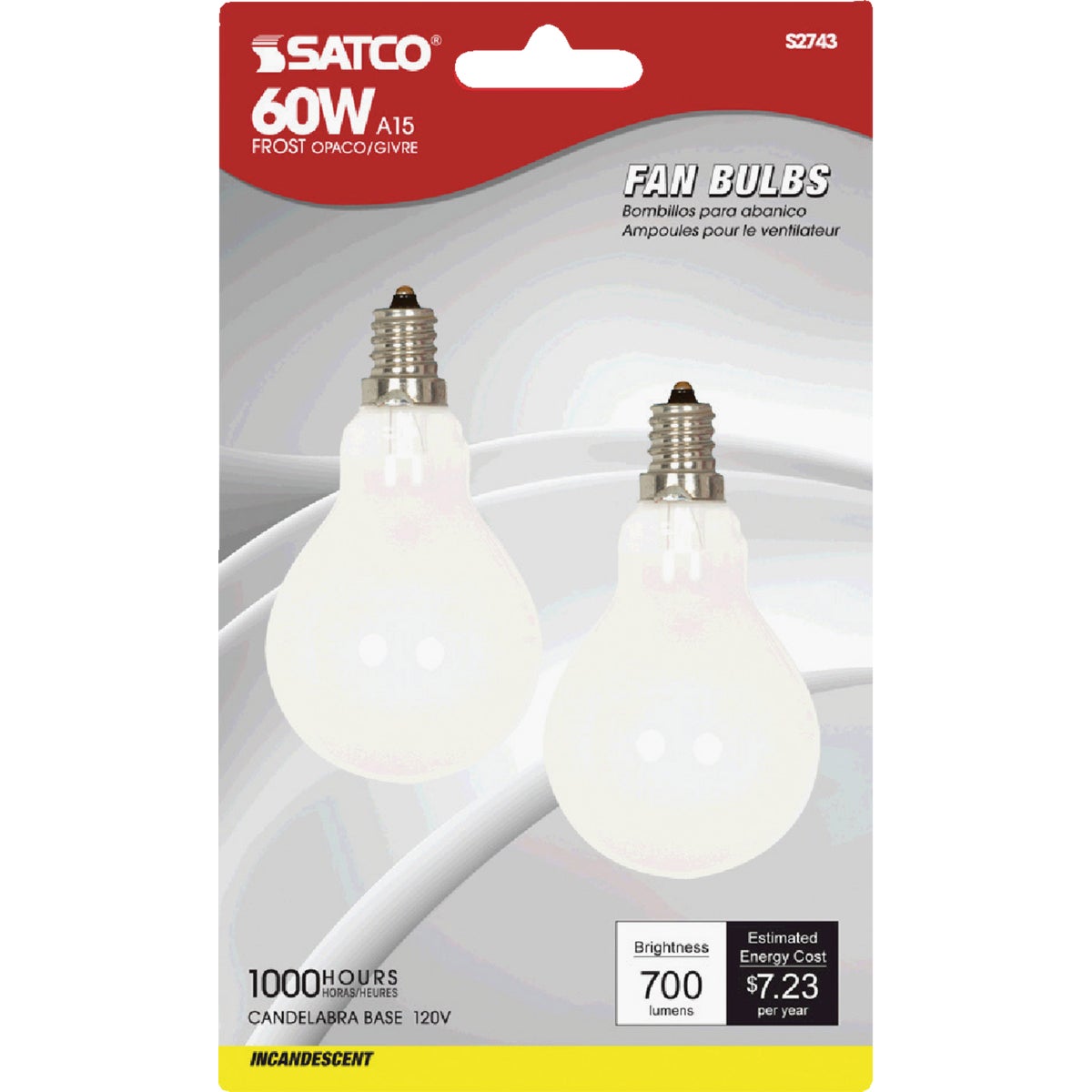 Satco 60W Frosted Soft White Candelabra A15 Incandescent Ceiling Fan Light Bulb (2-Pack)