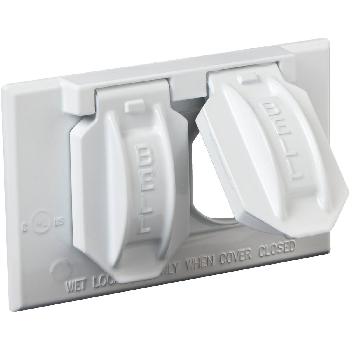 Bell Horizontal Duplex Aluminum White Weatherproof Outdoor Outlet Cover, Carded