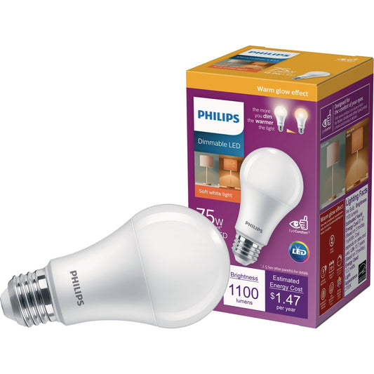 Philips Warm Glow 75W Equivalent Soft White A19 Medium Dimmable LED Light Bulb, Title 20 Compliant