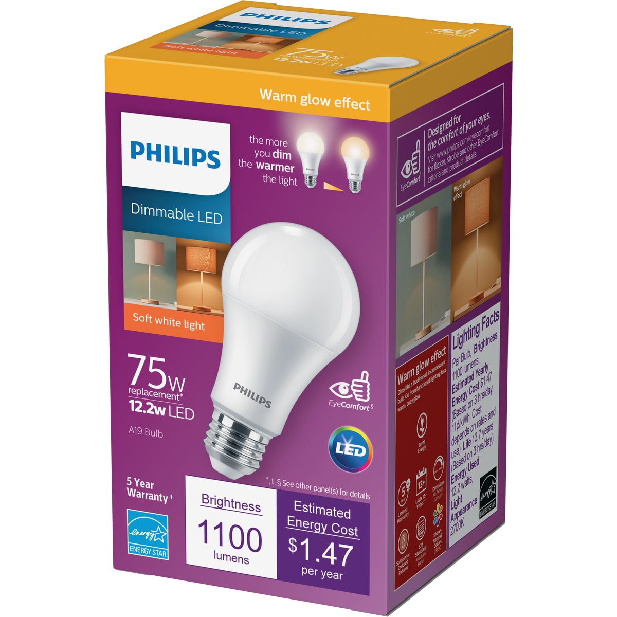 Philips Warm Glow 75W Equivalent Soft White A19 Medium Dimmable LED Light Bulb, Title 20 Compliant