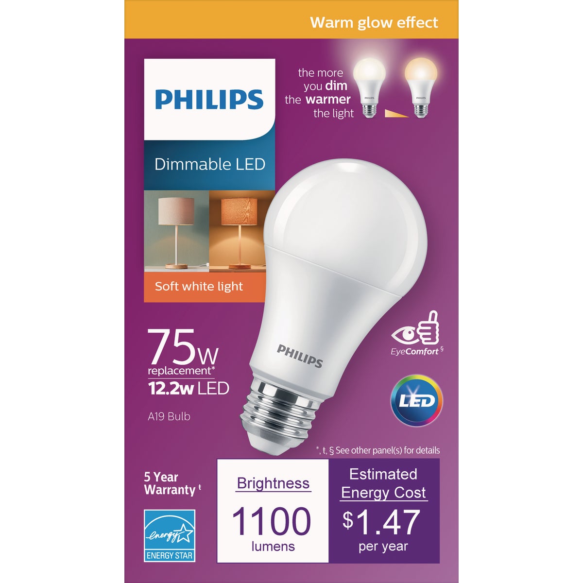 Philips Warm Glow 75W Equivalent Soft White A19 Medium Dimmable LED Light Bulb, Title 20 Compliant